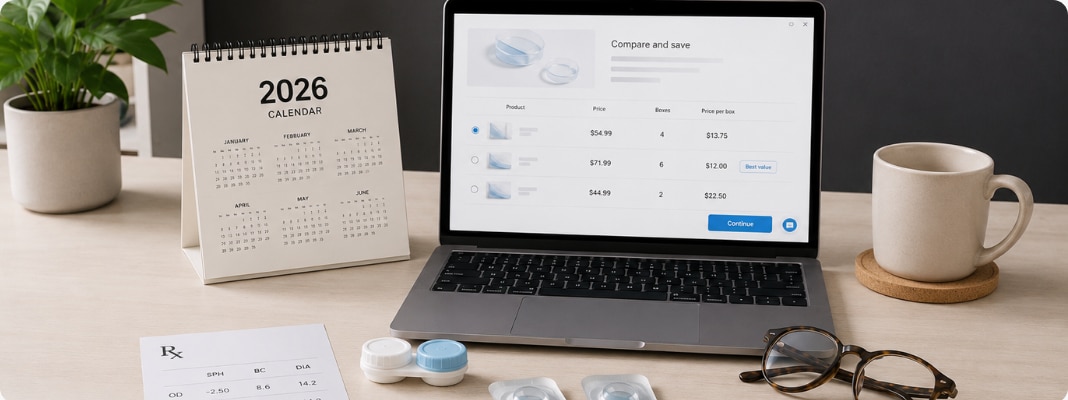 Clean contact lens shopping setup with checkout screen, prescription card, eyeglasses, lens case, and blister packs for online savings.