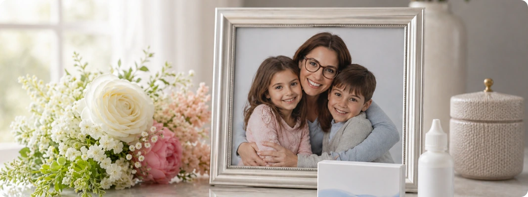 Mom wearing glasses in a family photo with flowers and contact lens items in the foreground, illustrating eye care tips for moms and tips for dry, tired eyes.