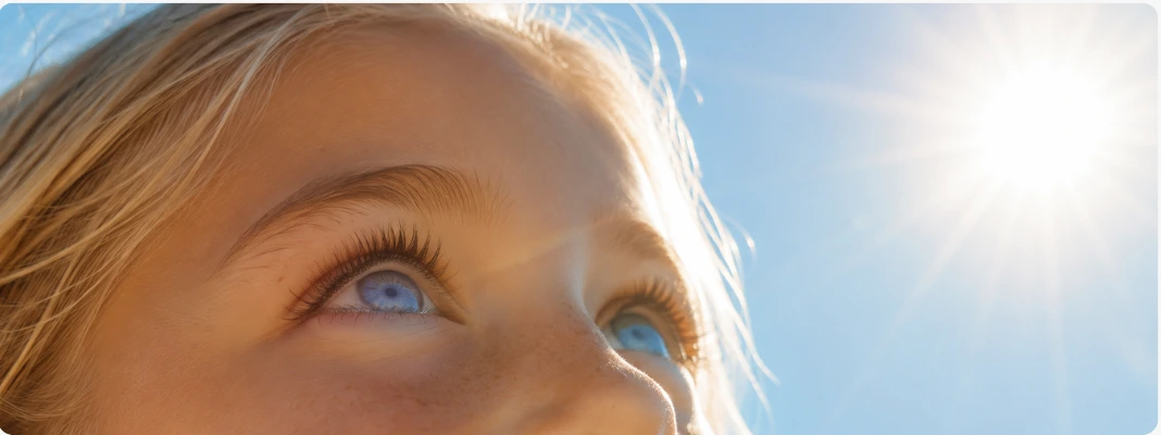 Young girl with blue eyes looking toward bright sunlight, illustrating how eyes get sunburned from UV exposure.