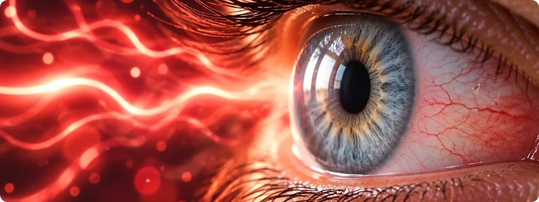 Close-up of bloodshot eyes with visible red surface vessels, illustrating common causes of eye redness and irritation.