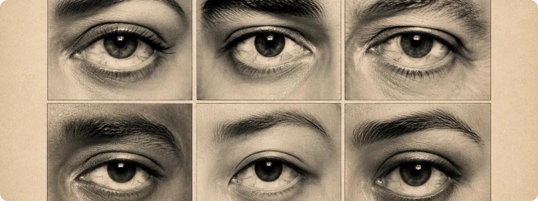 Photorealistic collage showing different Sanpaku Eyes with visible white above or below the iris in several eye shapes.