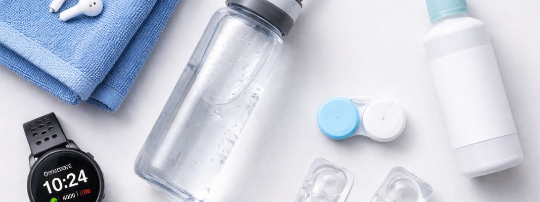 Flat lay of a gym towel, water bottle, sport watch, and a contact lens case with solution (blank label), all on a clean background.