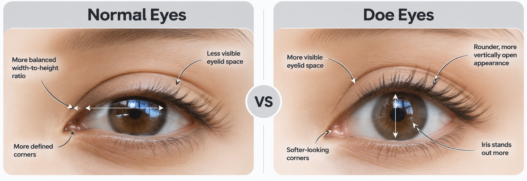 Comparison of natural eye shapes and doe eyes, highlighting the rounder, more vertically open appearance, visible eyelid space, prominent iris, and softer-looking corners of doe eyes.