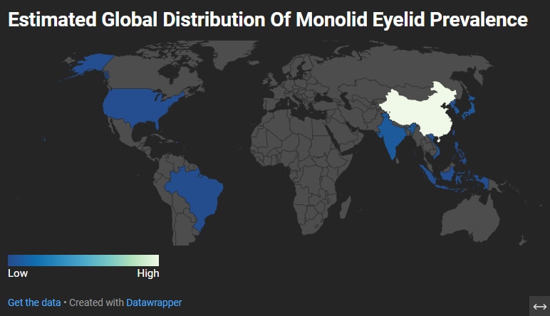 Choropleth world map showing estimated monolid eyelid prevalence by country, with higher prevalence highlighted in China and lower prevalence shown across selected countries in Asia and the Americas.