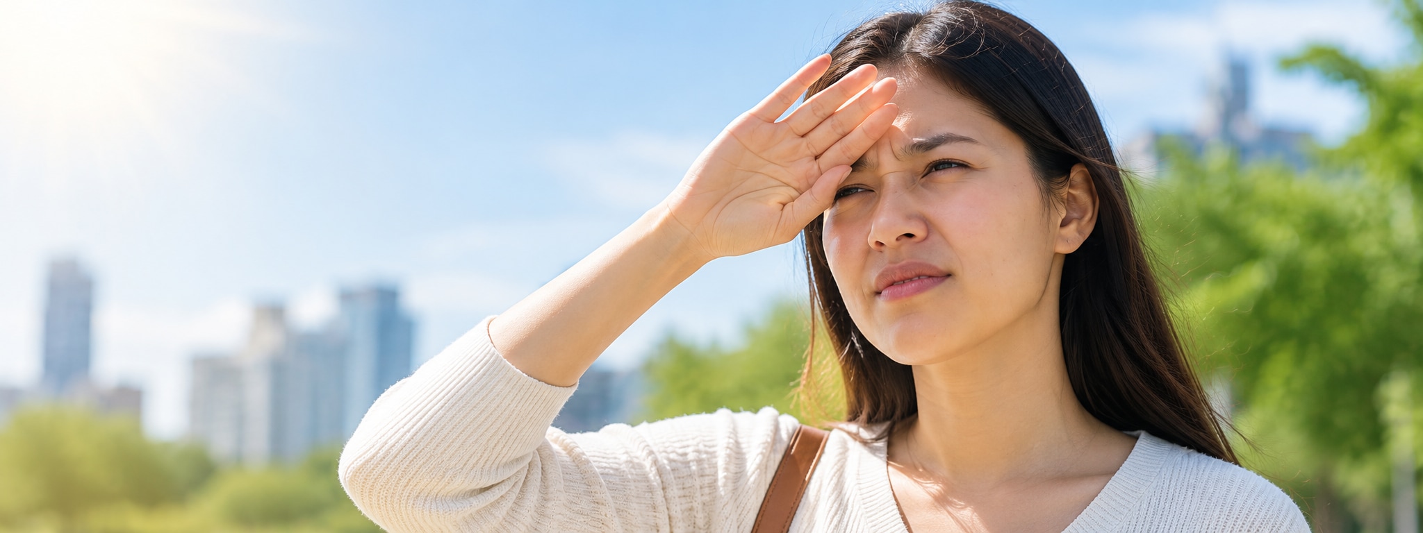 Person squinting and shielding their eyes from bright sunlight due to light sensitivity