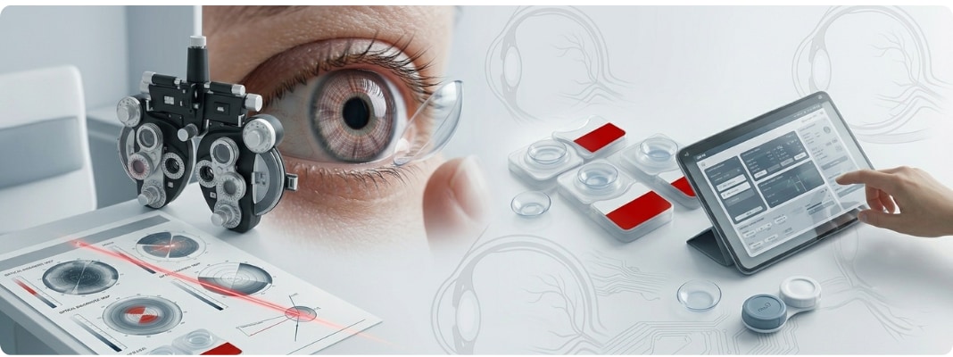 Contact lens prescription decoder calculator showing simplified breakdown of sphere, cylinder, axis, and base curve values