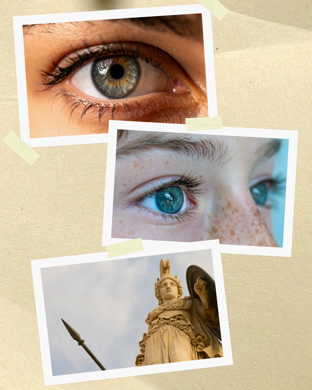 Scrapbook-style collage showing blue and gray eyes alongside a classical statue, suggesting ancient ideas about light-colored eyes.