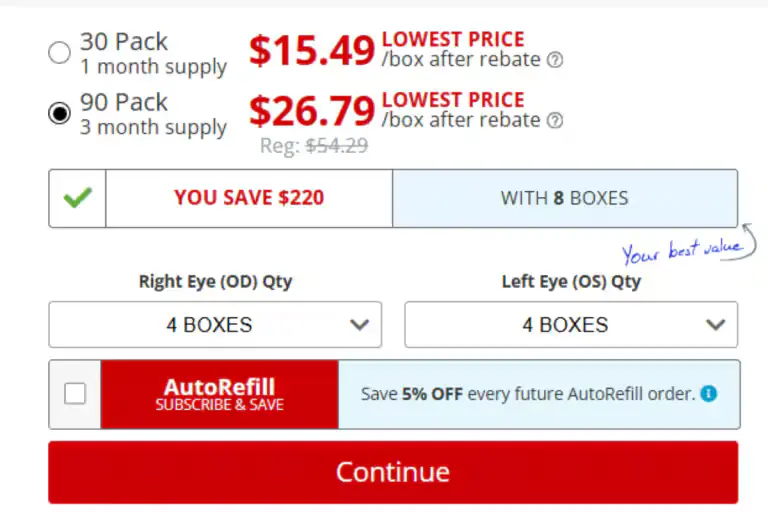 Checkout screen showing 30-pack vs 90-pack options, box quantities for each eye, AutoRefill checkbox, and a red “Continue” button.