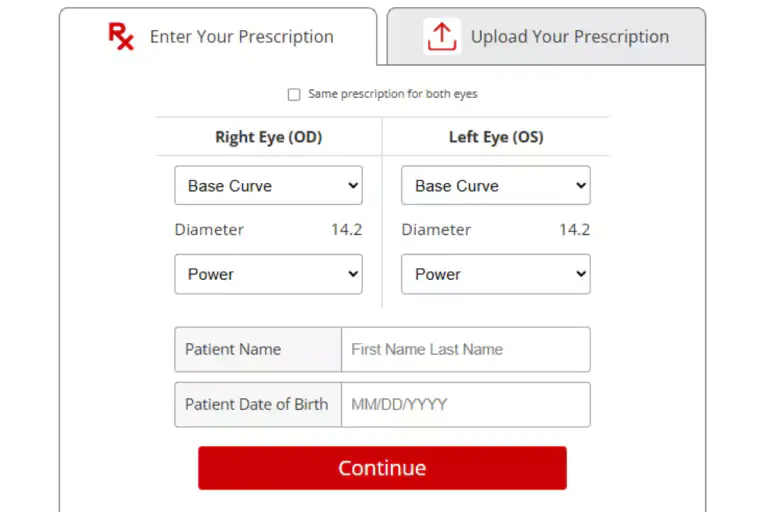 Prescription entry form with dropdowns for base curve and power for right and left eye, plus patient name and date of birth fields.