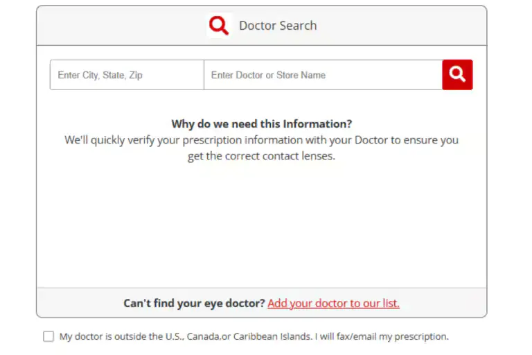 “Doctor Search” page with fields to enter city/state/zip and doctor name, plus a note explaining the info is used for prescription verification.