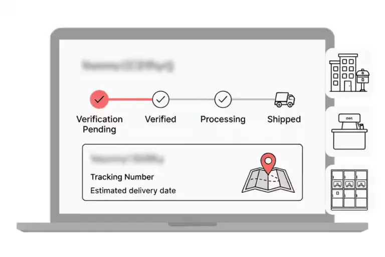 Laptop screen showing an order status tracker from “Verification Pending” to “Shipped,” with tracking number, delivery date, and delivery location icons (apartment, reception desk, locker).