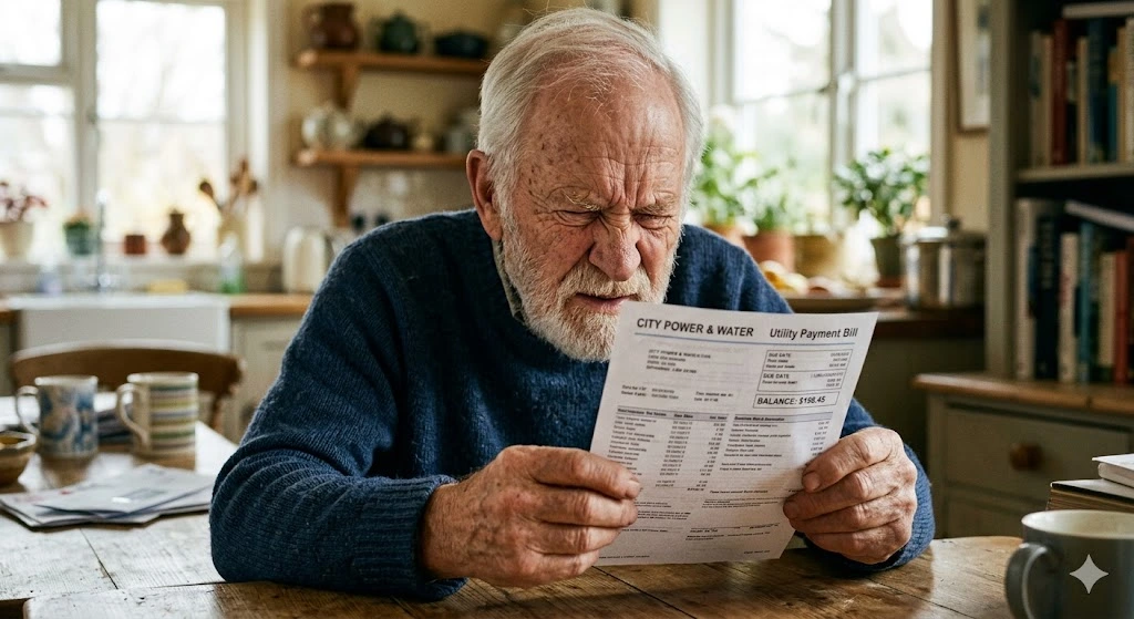 Old man has difficulty in reading, showing the need for contact lenses