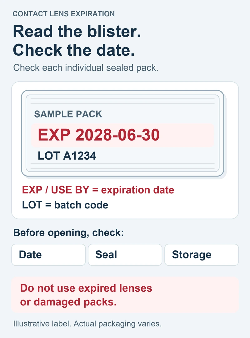 Illustrative contact lens blister identifying EXP as the expiration date and LOT as the batch code, with reminders to check the date, seal and storage.